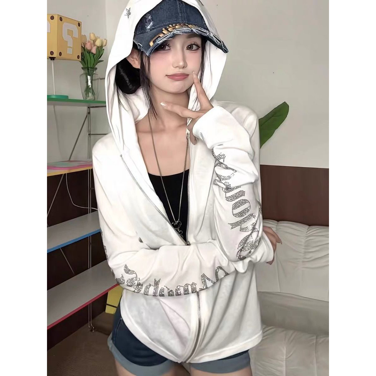 美式连帽防晒卫衣外套女早秋款开衫薄款字母拉链宽松百搭休闲上衣