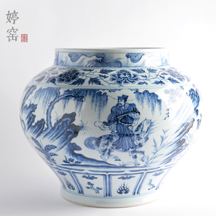 婷窑茶具手绘青花仿元鬼谷下山罐大笔筒书房画轴收纳桶功夫茶道