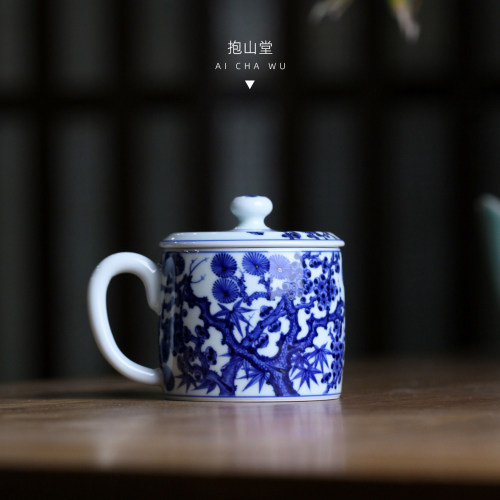 抱山堂松竹梅咖啡杯手绘青花茶杯