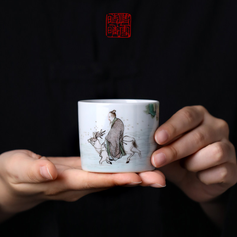 快雪时晴手绘古彩白鹿仙人品茗杯