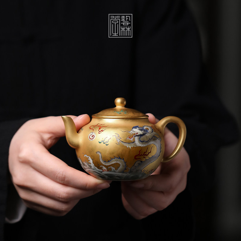 艺林堂柴窑红炉金地古彩海水龙笑隐壶泡茶壶分茶器景德镇陶瓷茶具