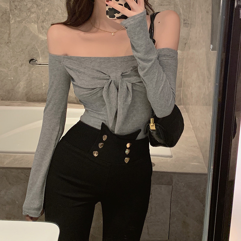 Real shot one line collar bottoming shirt sexy off shoulder trampoline high waist short top bow T-shirt