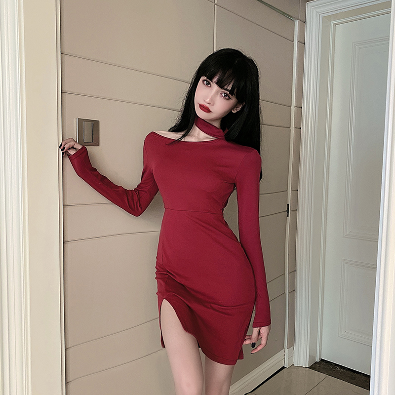 Real shot fashion anchor off shoulder hollow out dress sexy slim fit short skirt