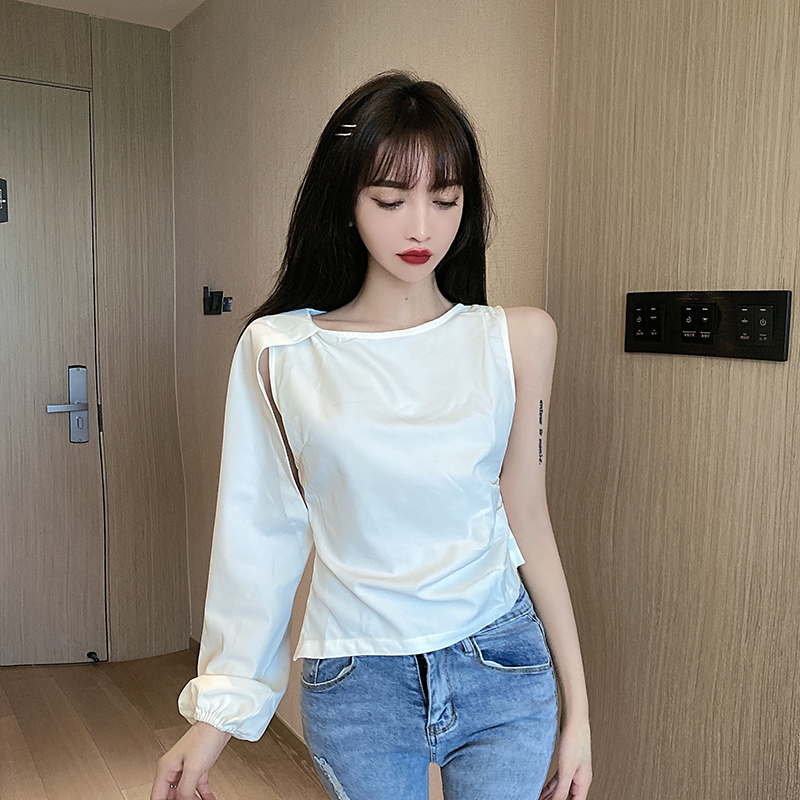 Real shot design sense anchor blouse women's single sleeve pleated sexy high waist top in spring and summer