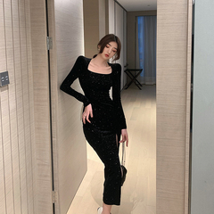 Real photo temperament celebrity velvet dress sexy square collar high split sparkle dress dress long skirt