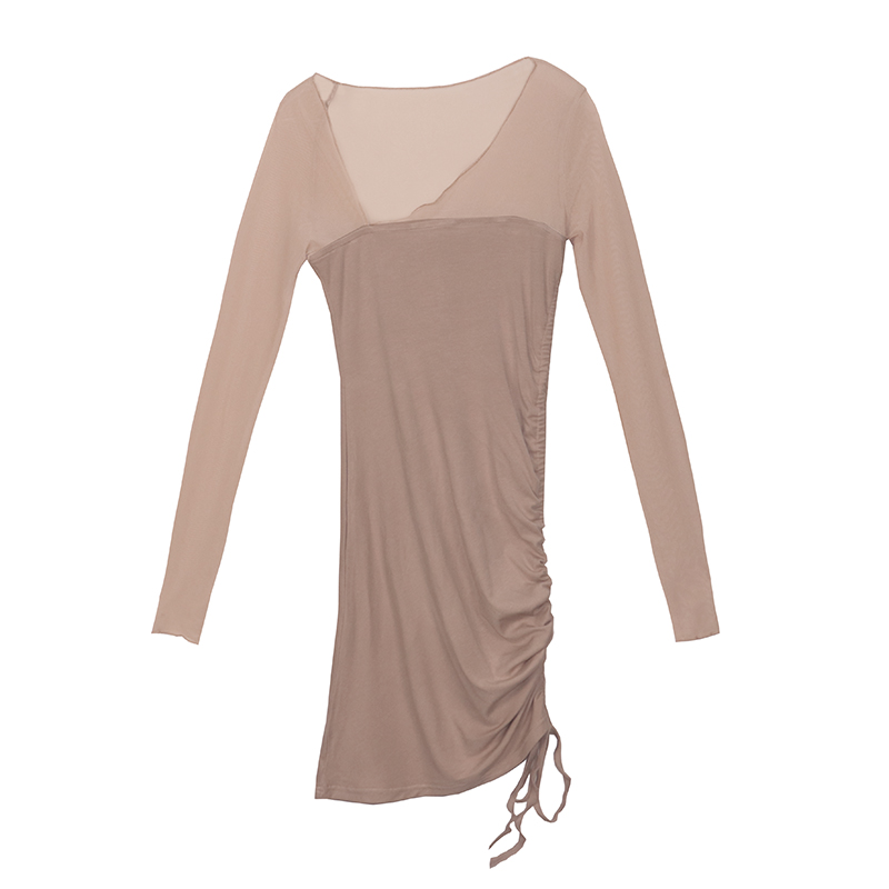 Real shot sexy perspective mesh stitching slant collar dress with tight drawstring pleated buttock skirt