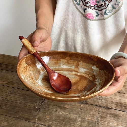 日式粗陶哑光椭圆碗意面碗菜碗