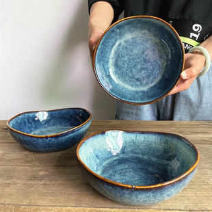 复古风窑变蓝菜碗 陶瓷碗7.2英寸菜碗汤碗面碗家用沙拉碗微瑕