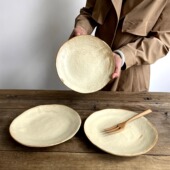 日式 粗陶圆形盘不规则意面盘子餐厅创意哑光盘复古沙拉盘家用菜盘