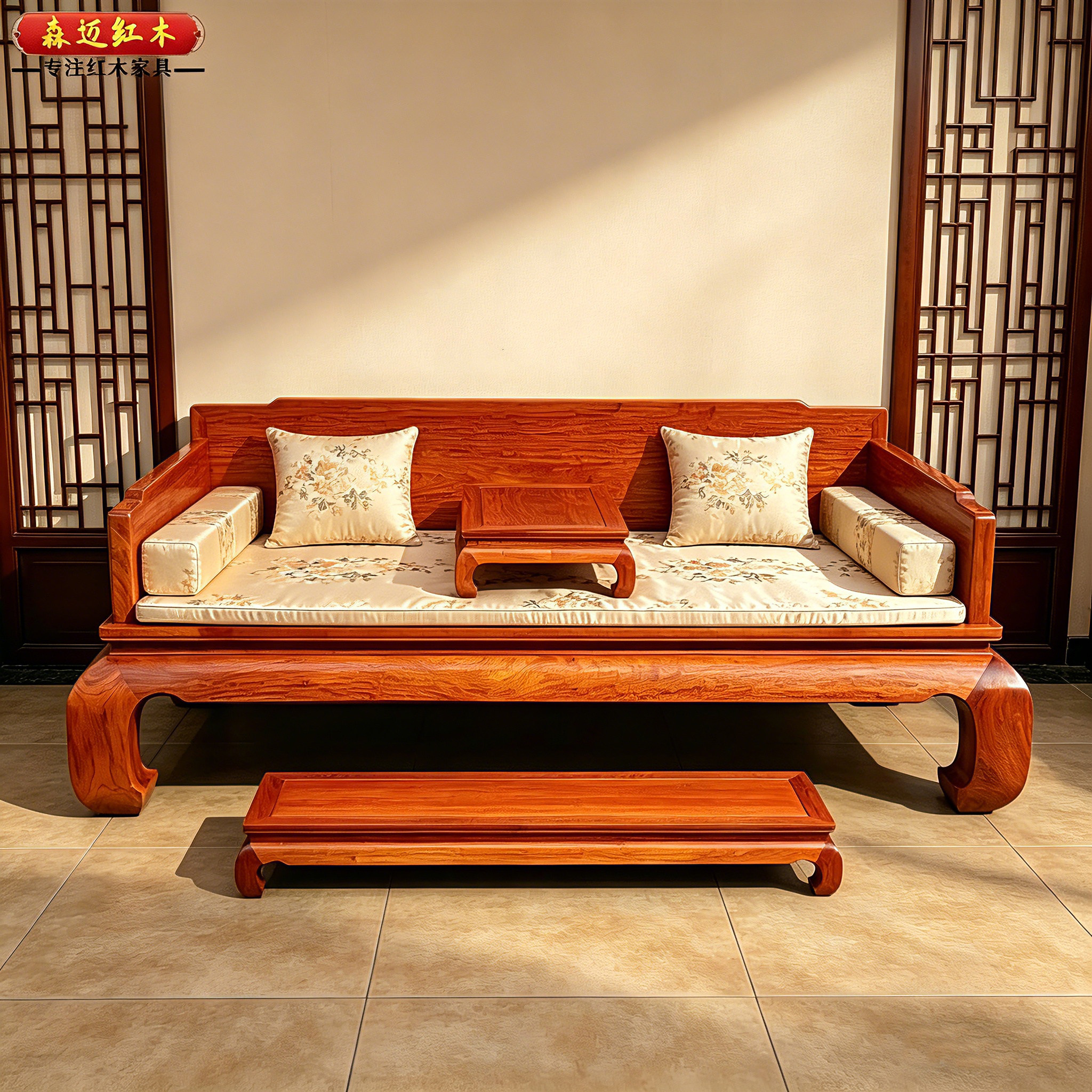 缅甸花梨红木罗汉床大果紫檀罗汉床加厚独板双人床原木榫卯古典