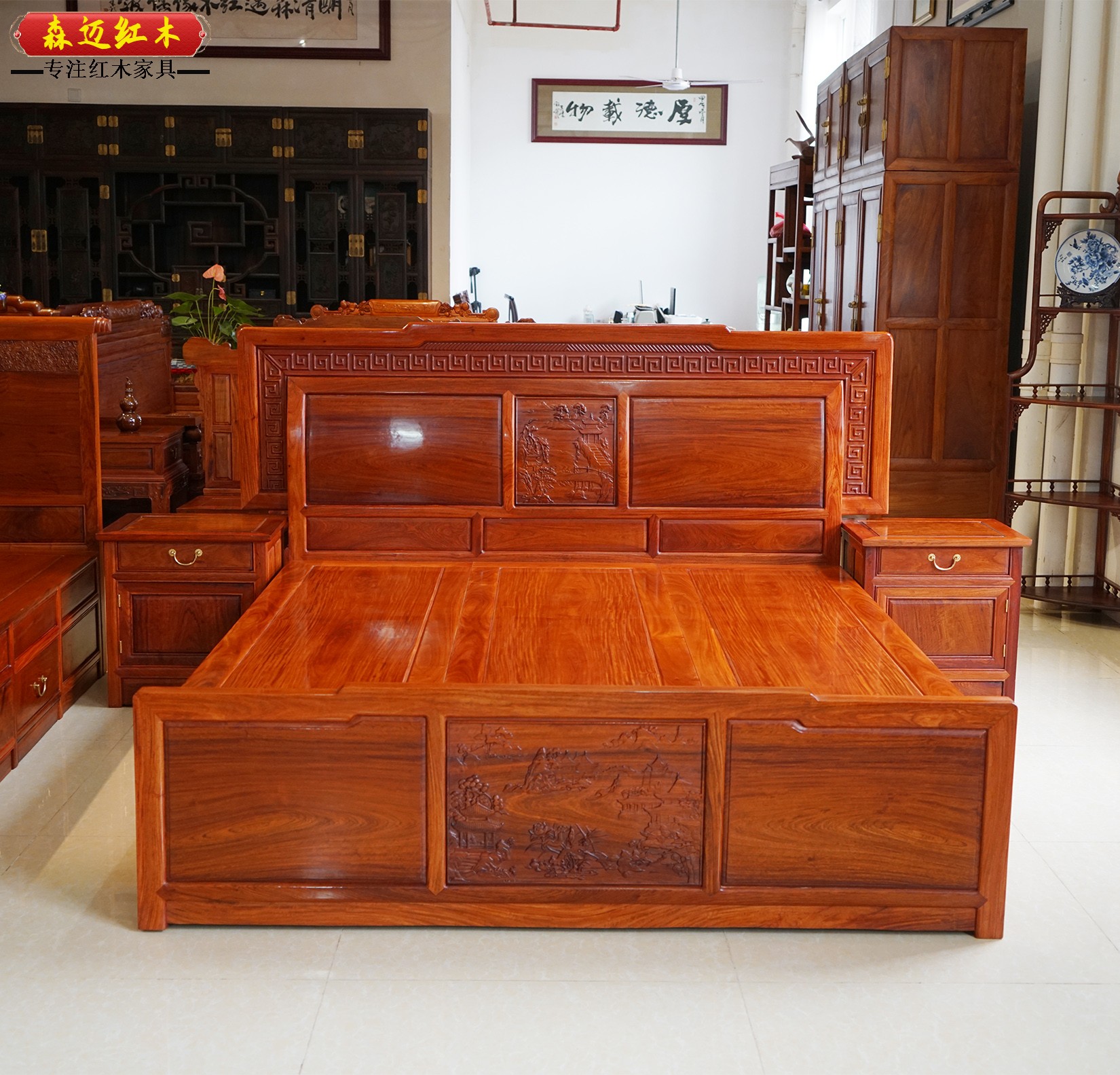 缅甸花梨红木床新中式古典红木家具大果紫檀原木床箱式收纳空间大