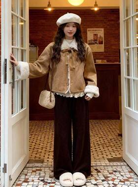 棕JER色麂绒皮绒套女短冬个季新款款洋派体羊羔毛皮毛一小RXX外子