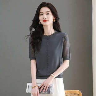 商场同款圆领针织衫短袖上衣高端冰丝显瘦简约纯色妈妈半袖T恤女