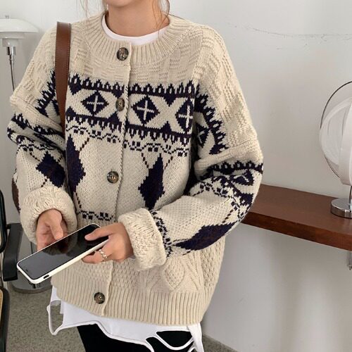 领针织开衫女2023秋冬新款复古韩版宽松菱格学生加厚毛衣外套女