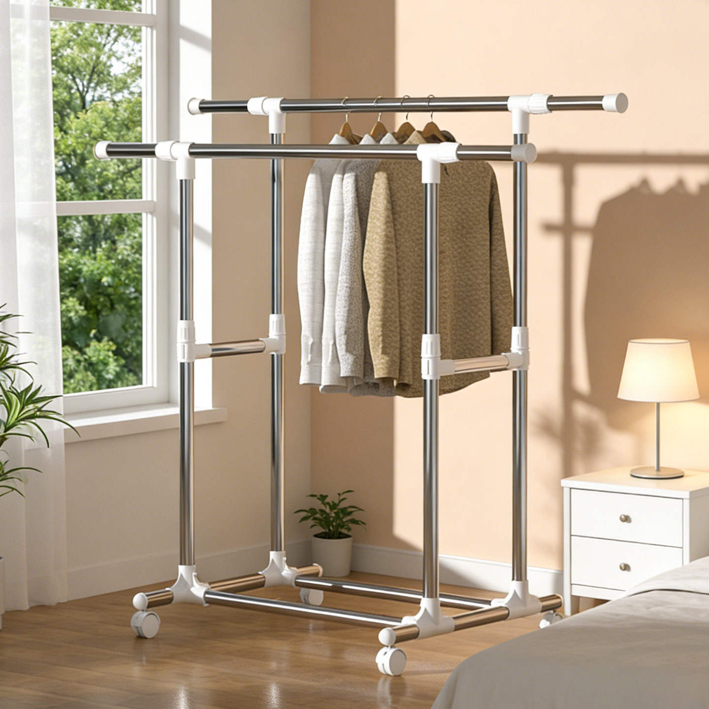 不锈钢加粗加固双杆伸缩落地晾衣