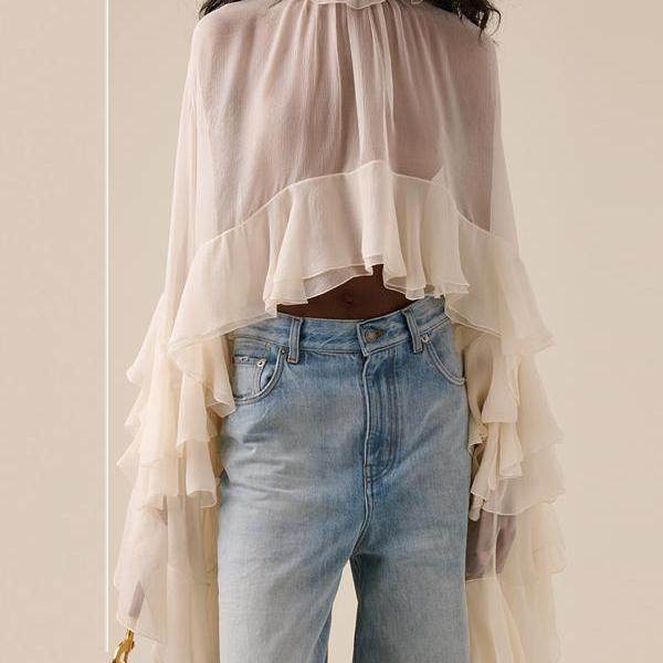 SLY2024春夏新款荷叶边雪纺衬衫