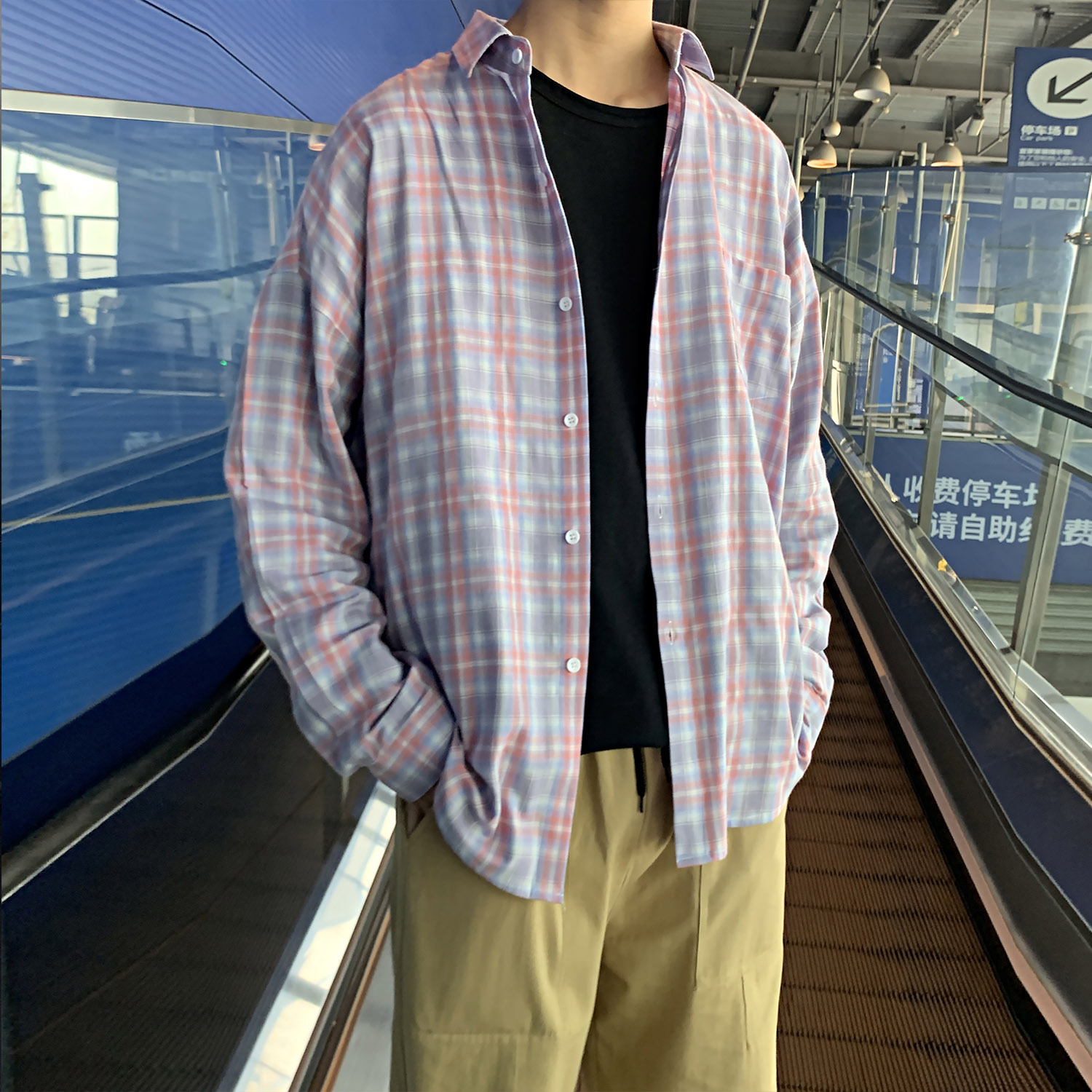 港风ins格子衬衫男士长袖韩版潮流帅气外套休闲情侣衬衣CS606P45,男装衬衫,电商B413-1