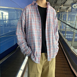 港风ins格子衬衫男士长袖韩版潮流帅气外套休闲情侣衬衣CS606P45，男装衬衫，电商B413-1