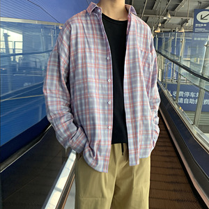 港风ins格子衬衫男士长袖韩版潮流帅气外套休闲情侣衬衣CS606 P45图片