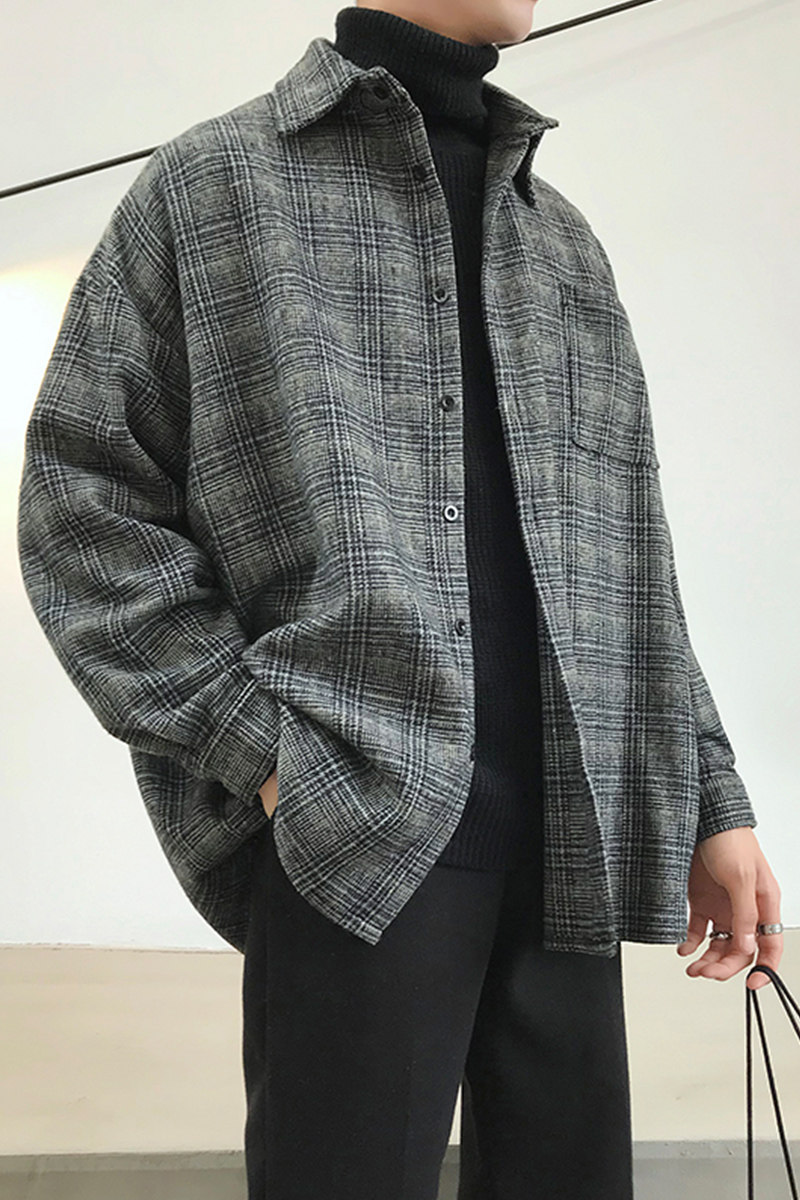 大货秋季衬衫男衬衣加厚大码潮流港风宽松格子毛呢外套M1018P65,男装衬衫,电商B413-1