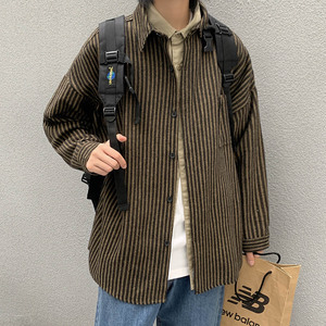 港风复古条纹衬衫长袖ins男士港风宽松百搭毛呢衬衣外套DX126 P60图片