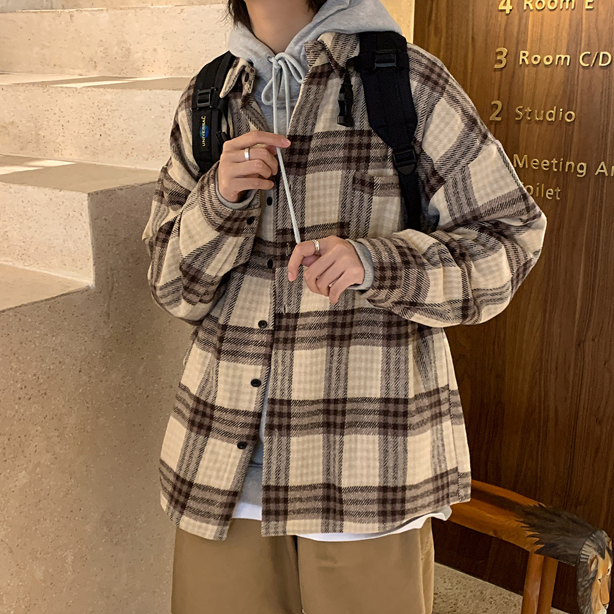 衬衫男潮牌秋冬季港风韩版潮流格子厚款休闲宽松百搭衬衣DX32TP55,男装衬衫,电商B413-1