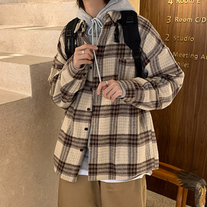衬衫男潮牌秋冬季港风韩版潮流格子厚款休闲宽松百搭衬衣DX32TP55图片