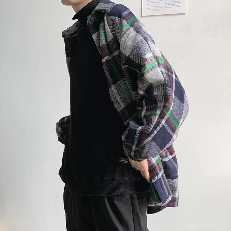 新品港风格子衬衫秋季男士衬衣加大码潮流宽松情侣外套CS182-P65,男装衬衫,电商B413-1