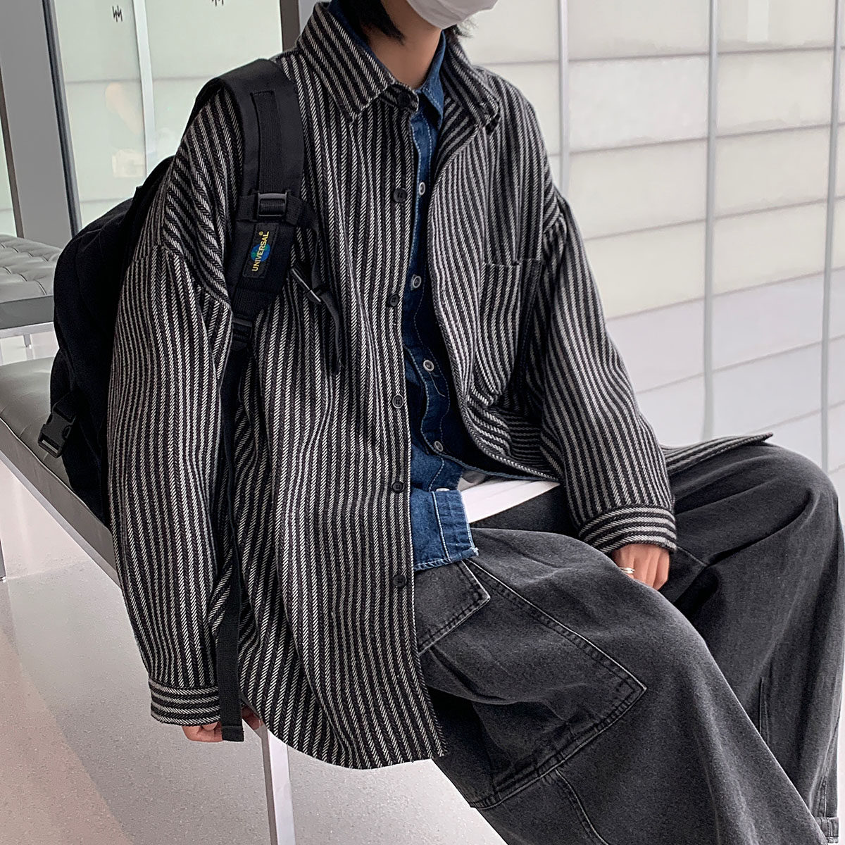 港风复古条纹衬衫长袖ins男士港风宽松百搭毛呢衬衣外套DX126 P60图片