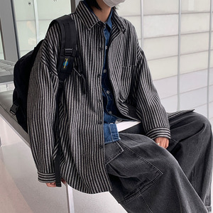 港风复古条纹衬衫长袖ins男士港风宽松百搭毛呢衬衣外套DX126 P60图片