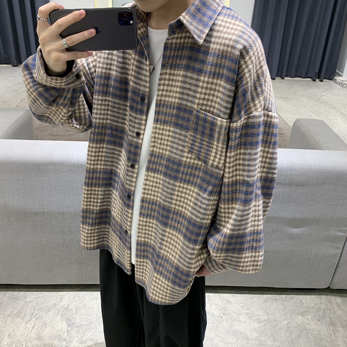 衬衫男秋装夹克韩版帅气港风衬衣宽松休闲毛呢外套DX32P55 严控78图片