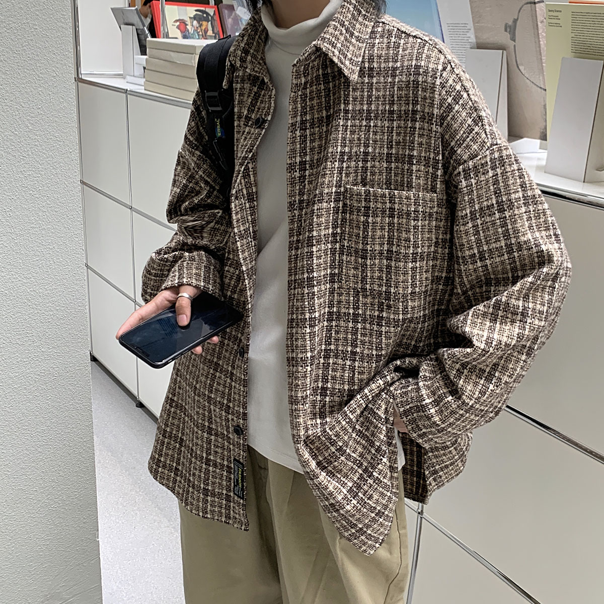 衬衫男长袖秋季韩版帅气港风复古宽松休闲格子衬衣外套DX125P60,男装衬衫,电商B413-1