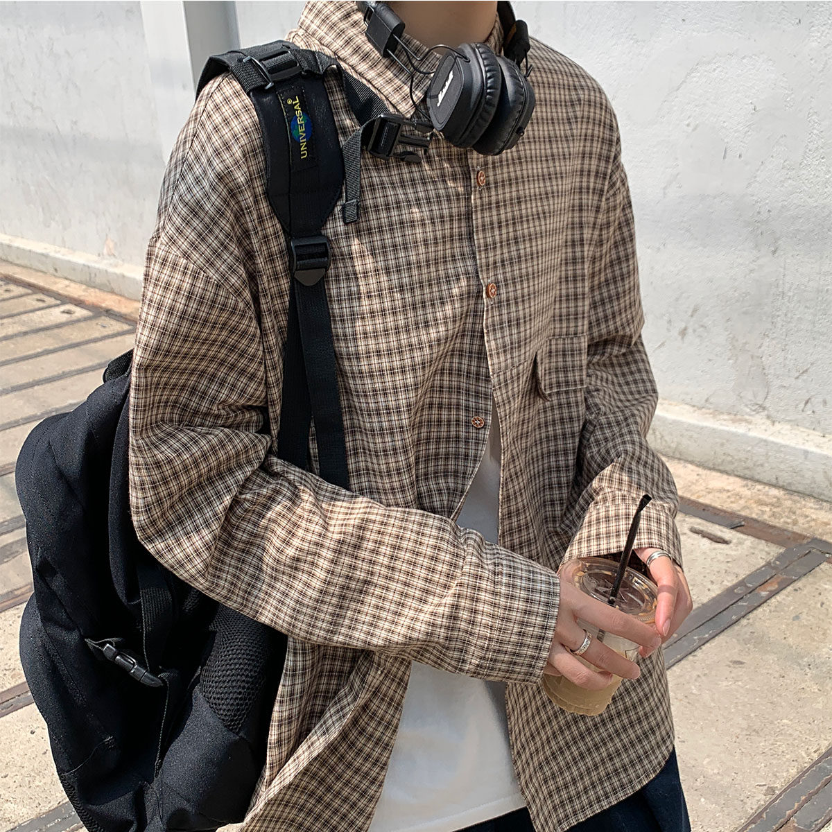 大货已出 衬衫男长袖百搭韩版学生休闲港风格子衬衣外套CSD1 p48图片