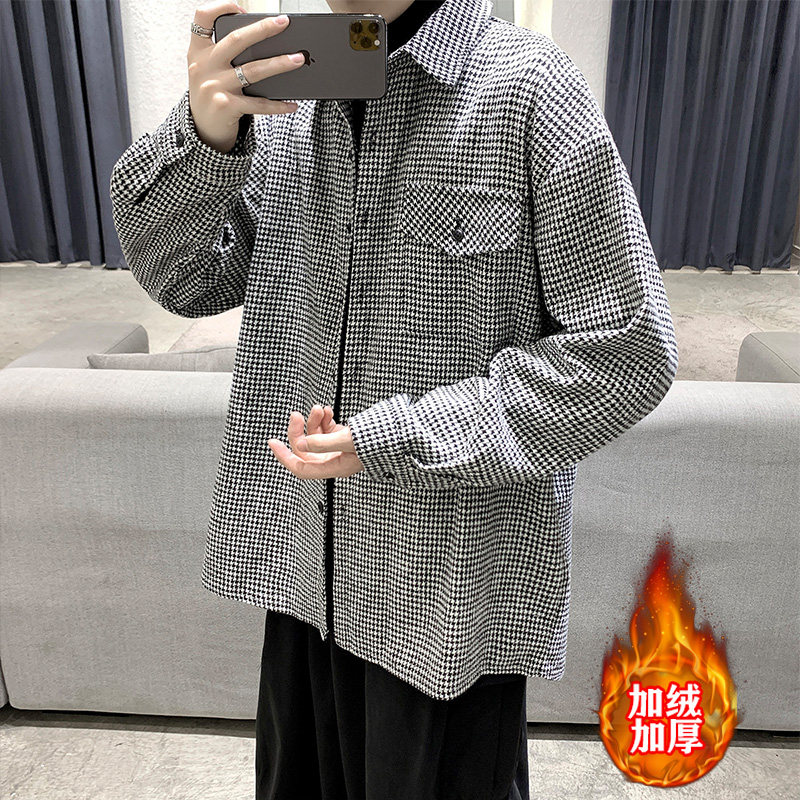 加绒加厚大码衬衫男秋装韩版潮流帅气港风衬衣休闲外套DX35P70,男装衬衫,电商B413-1