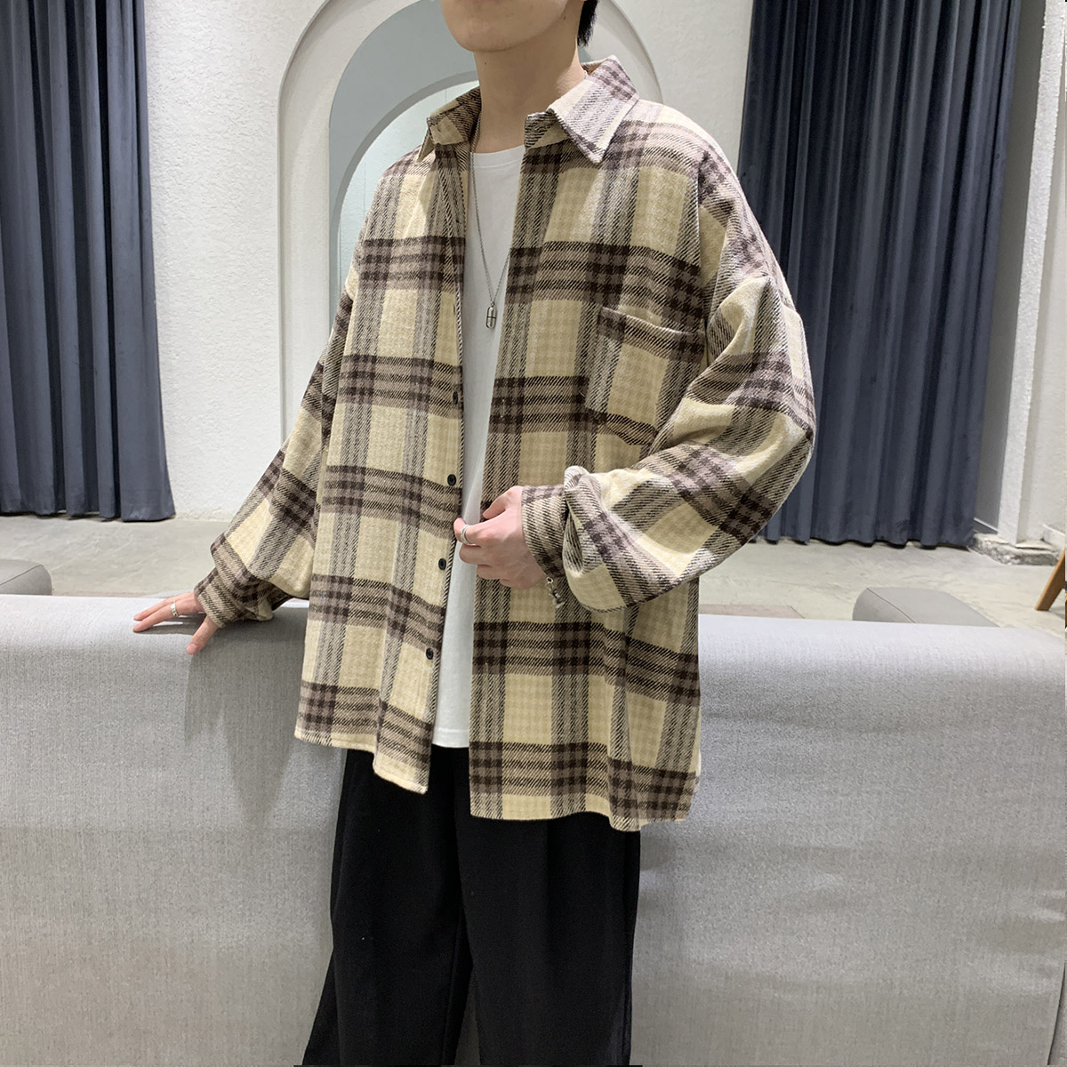 衬衫男秋装夹克韩版帅气港风衬衣宽松休闲毛呢外套DX32P55严控78,男装夹克,电商B413-1