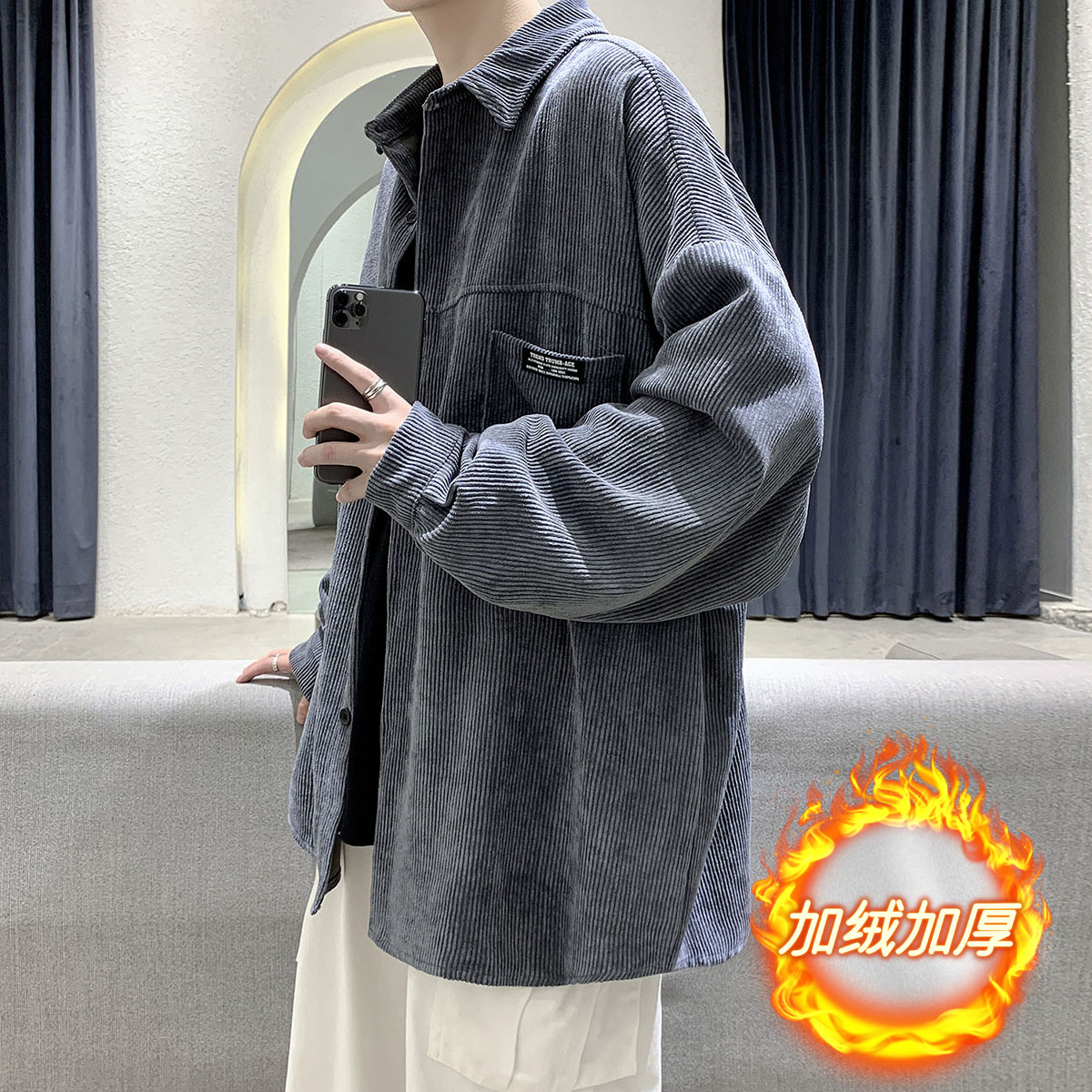 冬季衬衫男长袖加绒加厚加大码韩版潮流港风休闲衬衣外套DX115P65图片