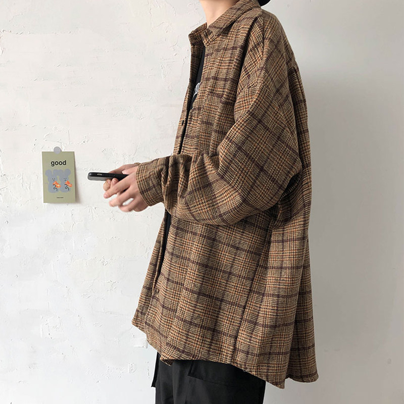 2020港风休闲情侣大码磨毛呢料格子衬衫男衬衣潮外套M1018P65,男装衬衫,电商B413-1