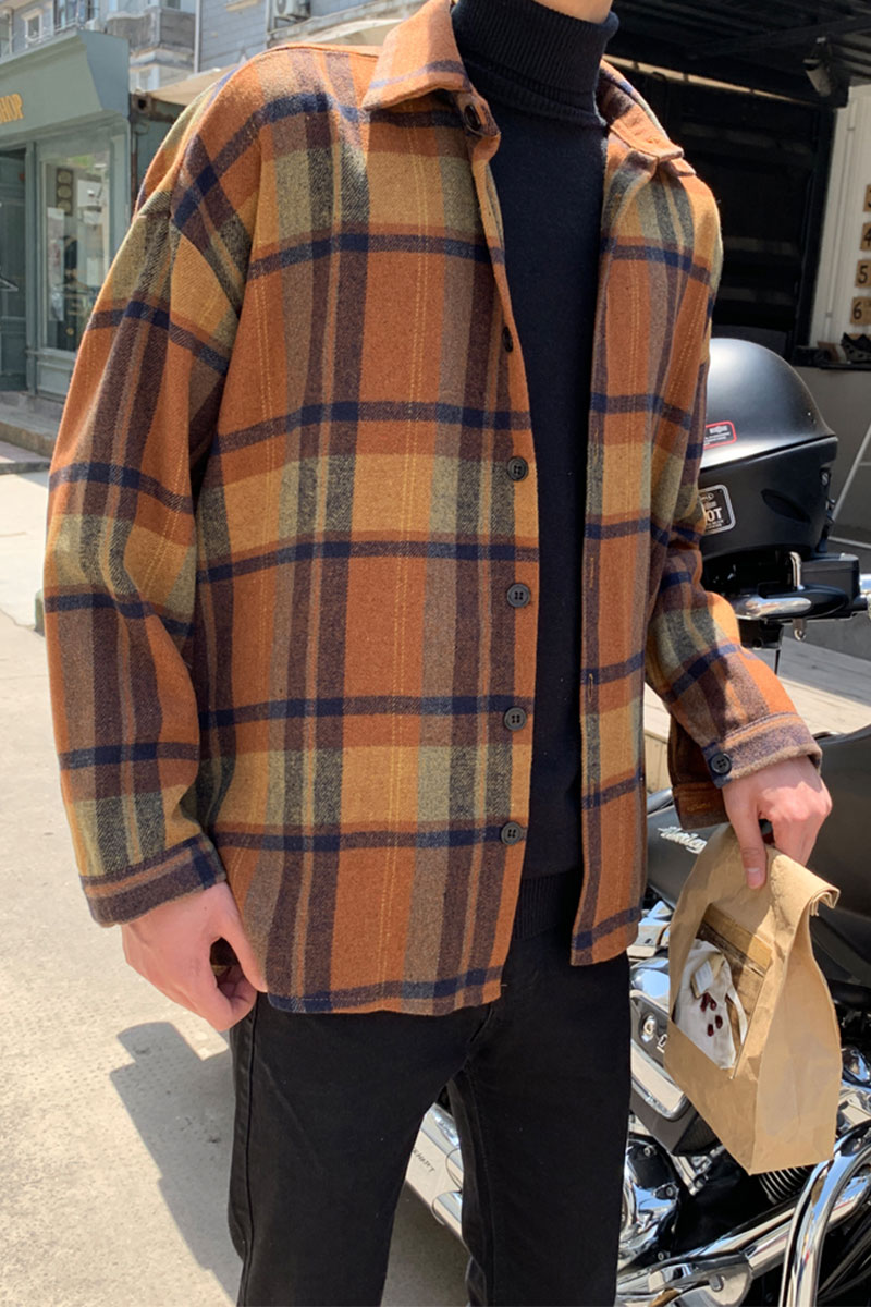 大货秋季衬衫男韩版毛呢料格子外套宽松情侣装男衬衣H1010P60,男装衬衫,电商B413-1