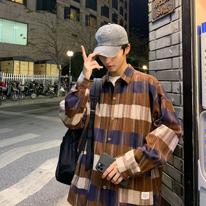 港风大格子衬衫男士ins长袖韩版潮流大码休闲情侣衬衣CS602P50,胖男穿搭夏装正装图片