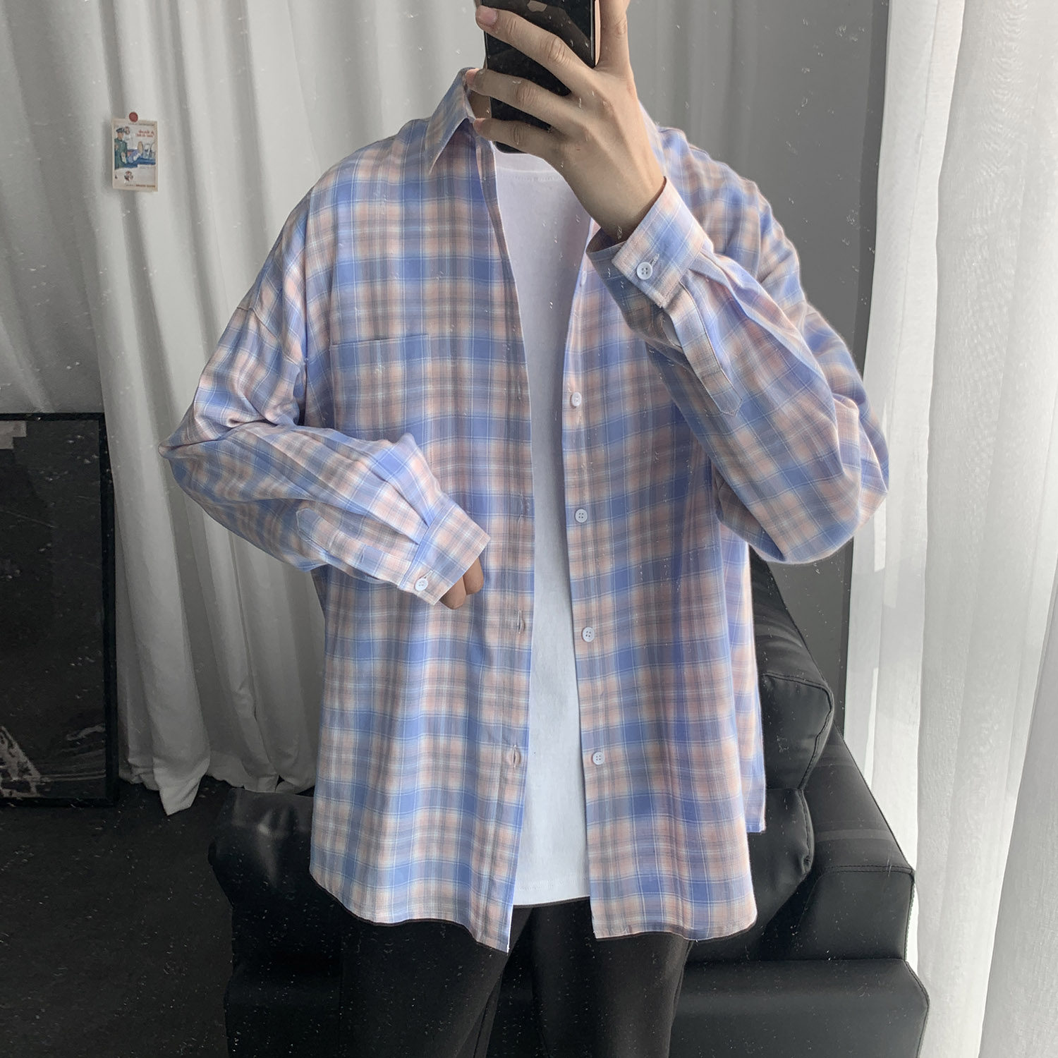 港风ins格子衬衫男士长袖韩版潮流帅气外套休闲情侣衬衣CS606 P45图片