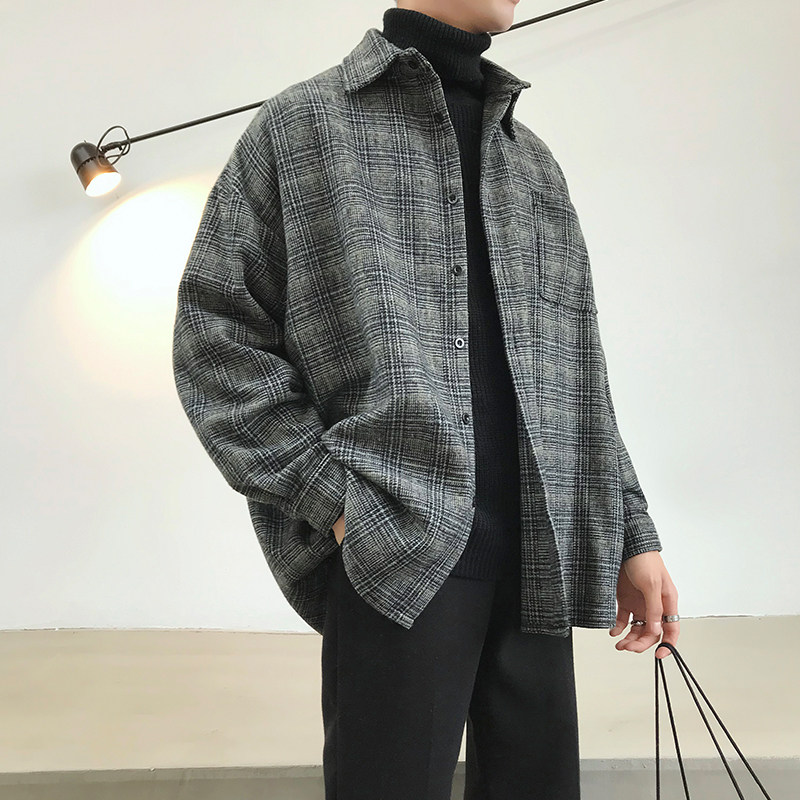 大货 秋季衬衫男衬衣加厚大码潮流港风宽松格子毛呢外套M1018P65图片