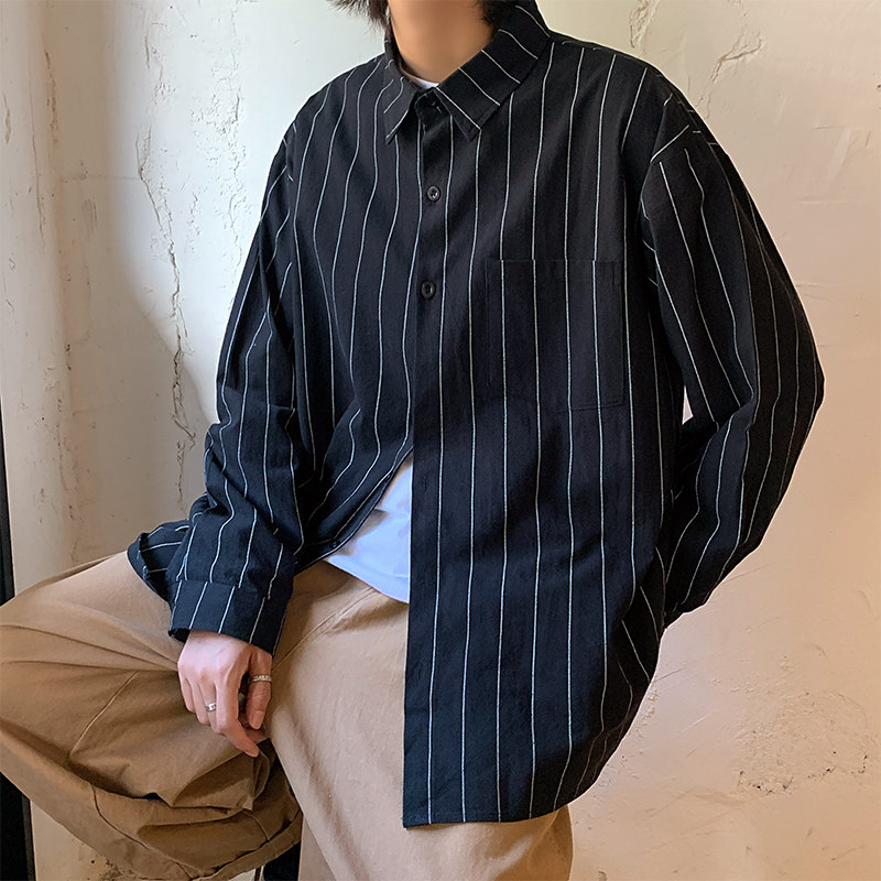 衬衫男长袖竖条纹秋季bf韩版潮流百搭帅气港风休闲衬衣cc127p40,男装衬衫,电商B413-1