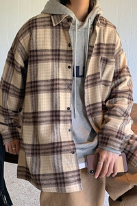 衬衫男潮牌秋冬季港风韩版潮流格子厚款休闲宽松百搭衬衣DX32TP55图片