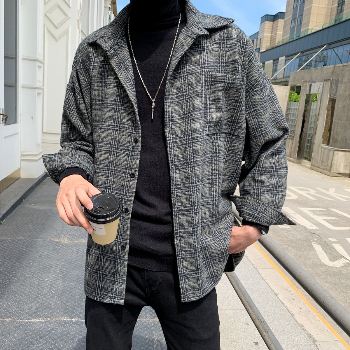 秋季衬衫男士加厚大码毛呢外套潮流港风格子情侣衬衣M1018P65,男装衬衫,电商B413-1
