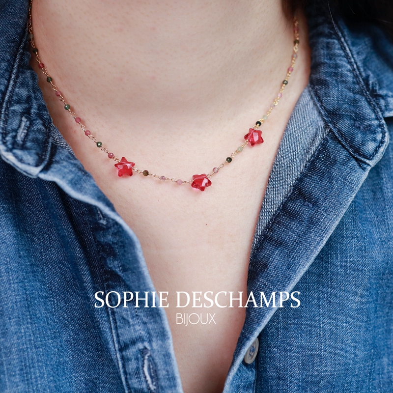 Sophie Deschamps里昂小众设计高保色红绿星星多色碧玺小清新项链