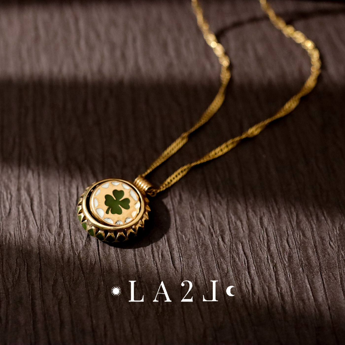 法国LA2L正品 古典神秘幸运四叶草可翻转蛇纹石珐琅花边创意项链