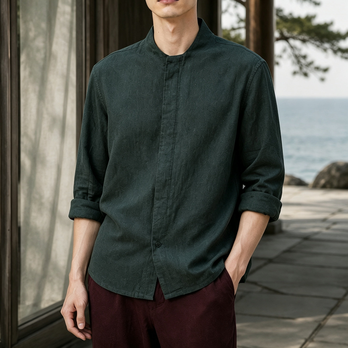 楠唐装衬衣中国风秋季上衣苎麻衬衫男长袖中年全麻新中式打底赤枫