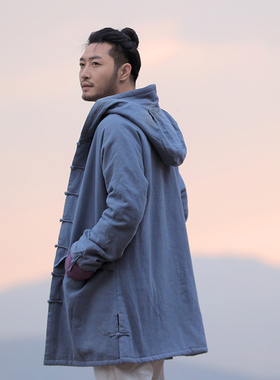 楠麻中国风棉衣男苎麻手工盘扣棉服保暖加厚唐装外套连帽上衣叶罗