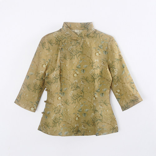 龙妙 新款春夏七分袖立领旗袍上衣 苎麻印花女服民国改良中式女装