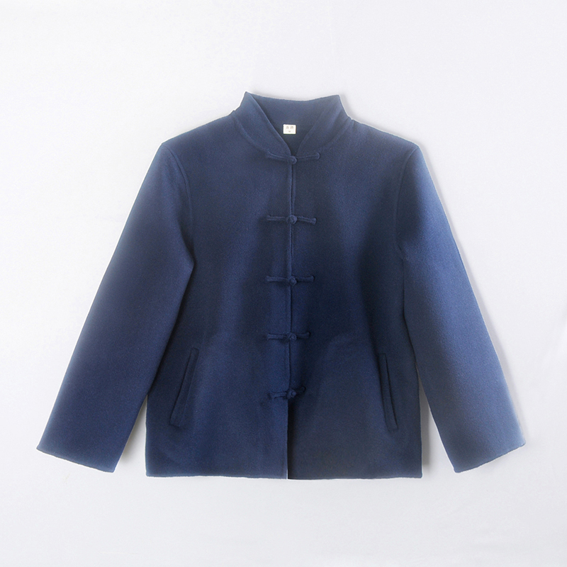 龙妙 冬装新款双面呢羊毛呢唐装上衣盘扣中式女装外套 深蓝